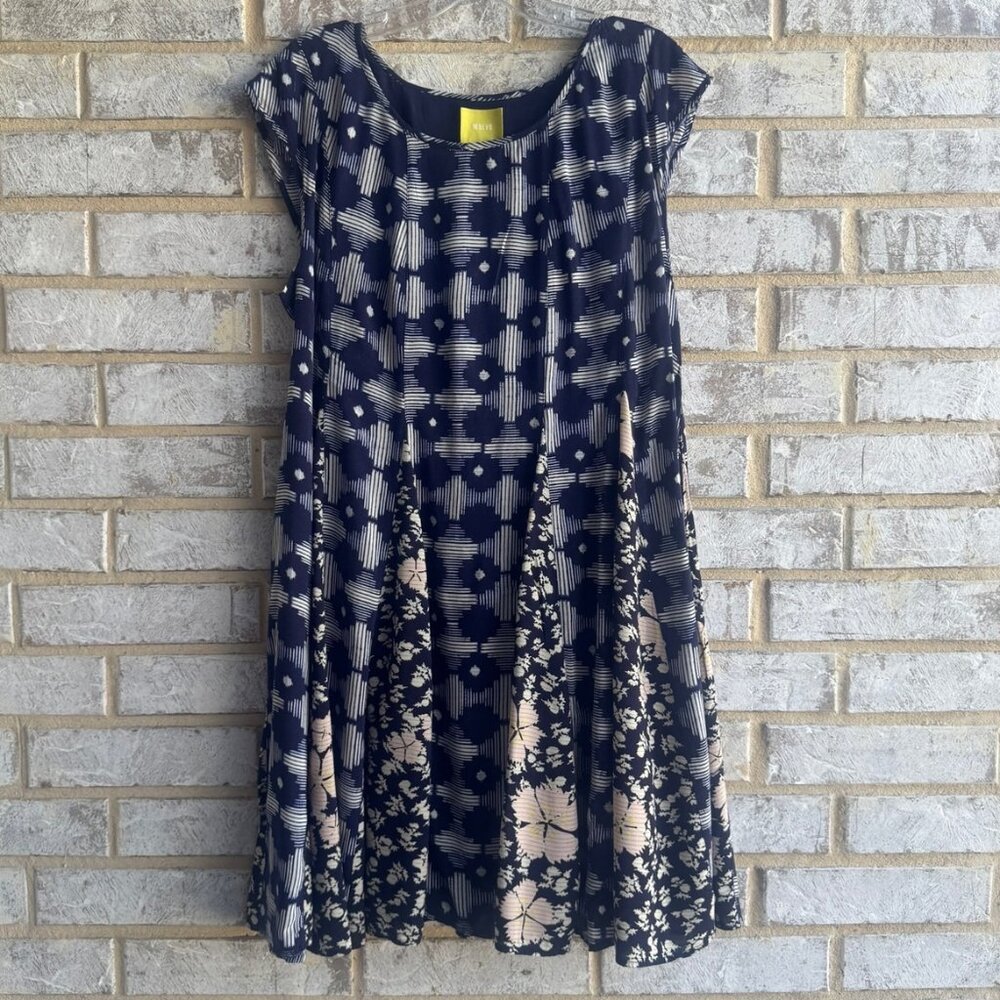 Maeve Navy and Beige Patterned Cap-Sleeve Dress